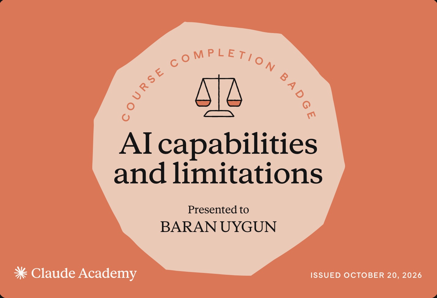 AI Capabilities and Limitations certificate, Baran Uygun