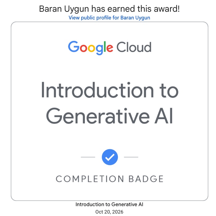 Introduction to Generative AI certificate, Baran Uygun