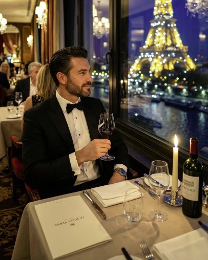 AI-generated menswear photo in a Paris restaurant